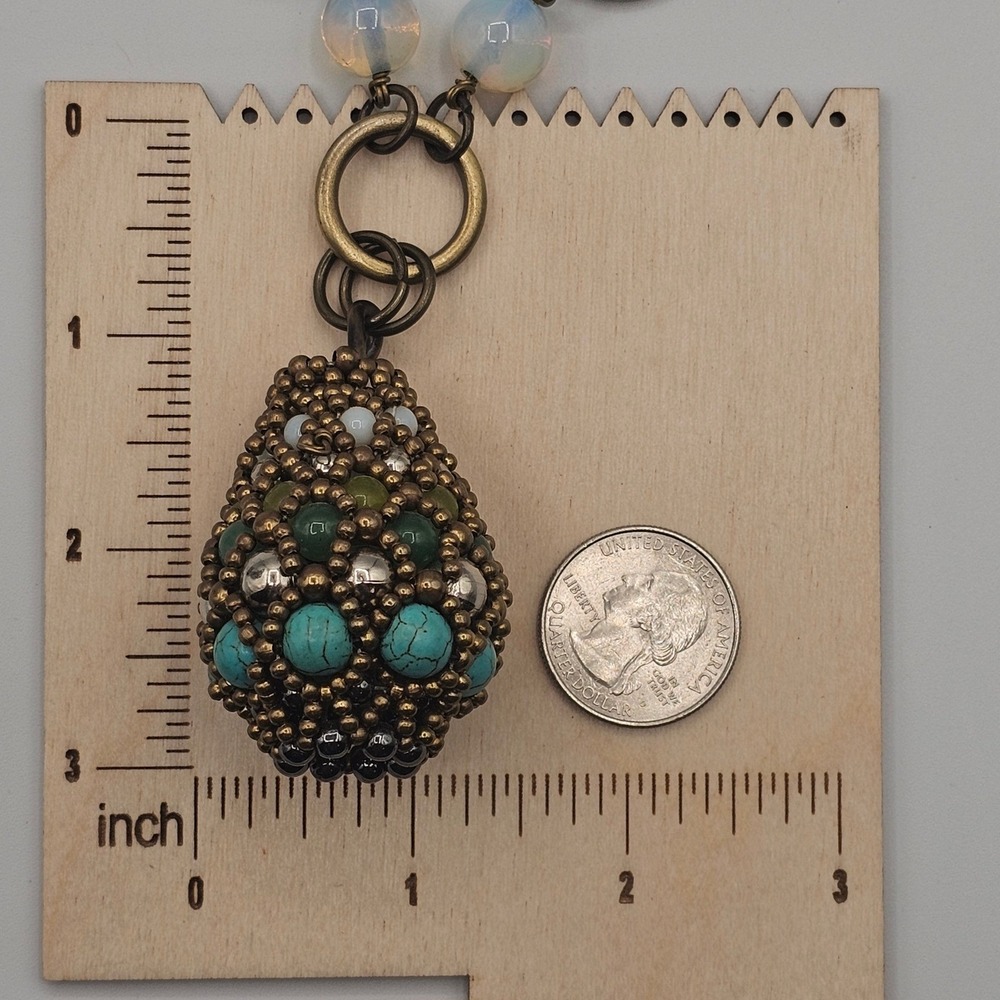 Bronze & Turquoise Tone Beaded Pendant Necklace 22" Boho Chic Earthy Southwest - Picture 4 of 16
